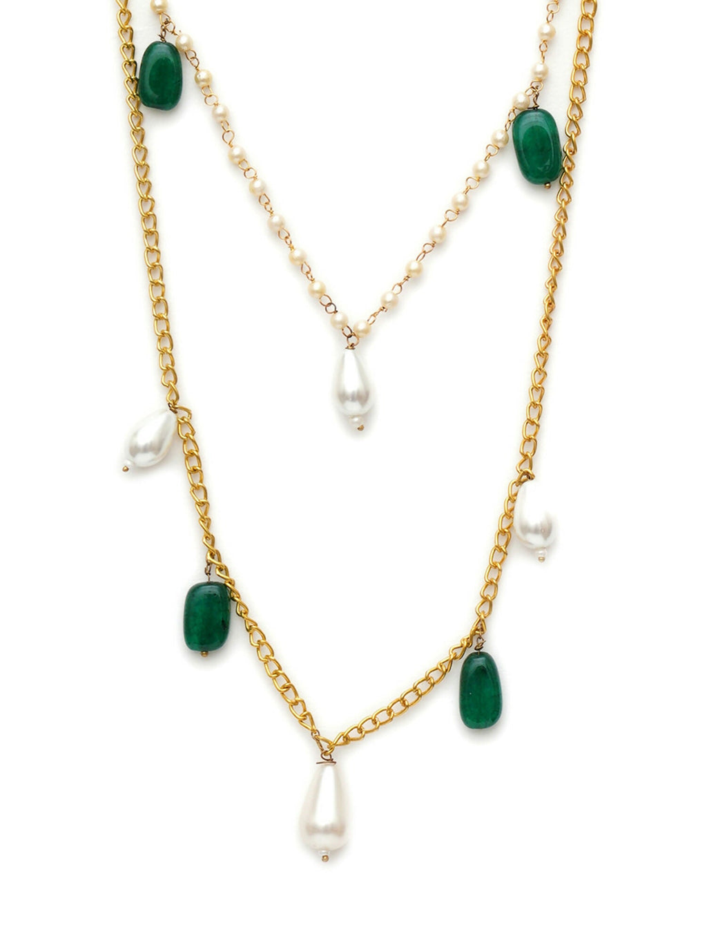 Layered Pearl and Gold Neckpiece with Emeralds (Gold) - Ruby Raang