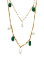 Layered Pearl and Gold Neckpiece with Emeralds (Gold) - Ruby Raang