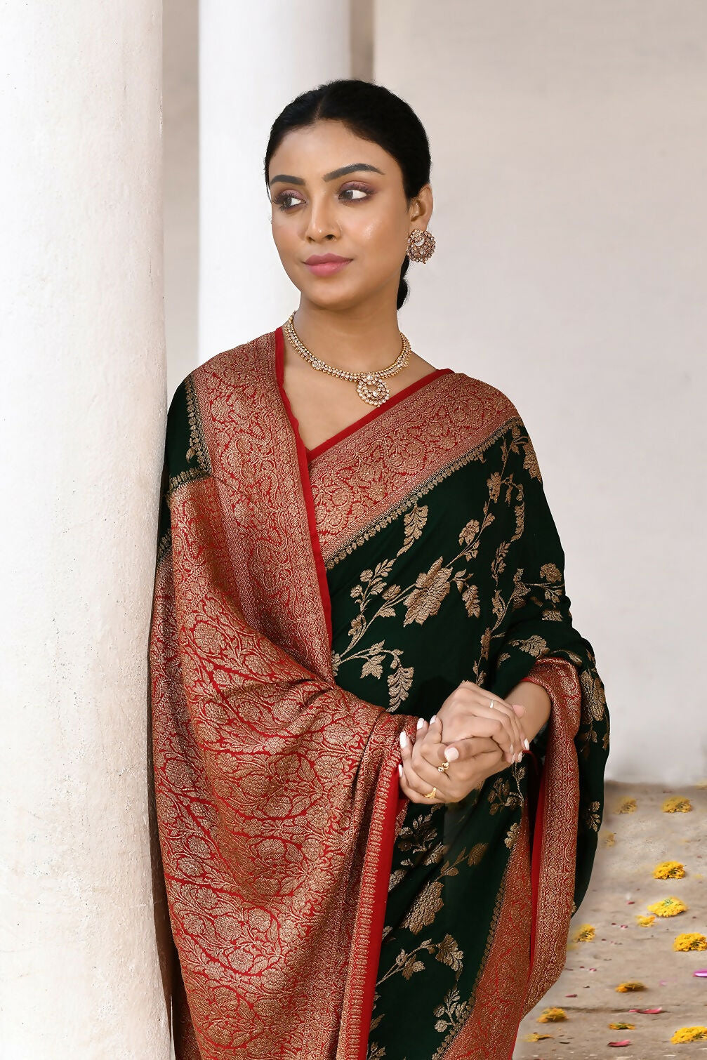 Joban Fashion Green Crepe Chiffon Pure Handloom Banarasi Silk Saree