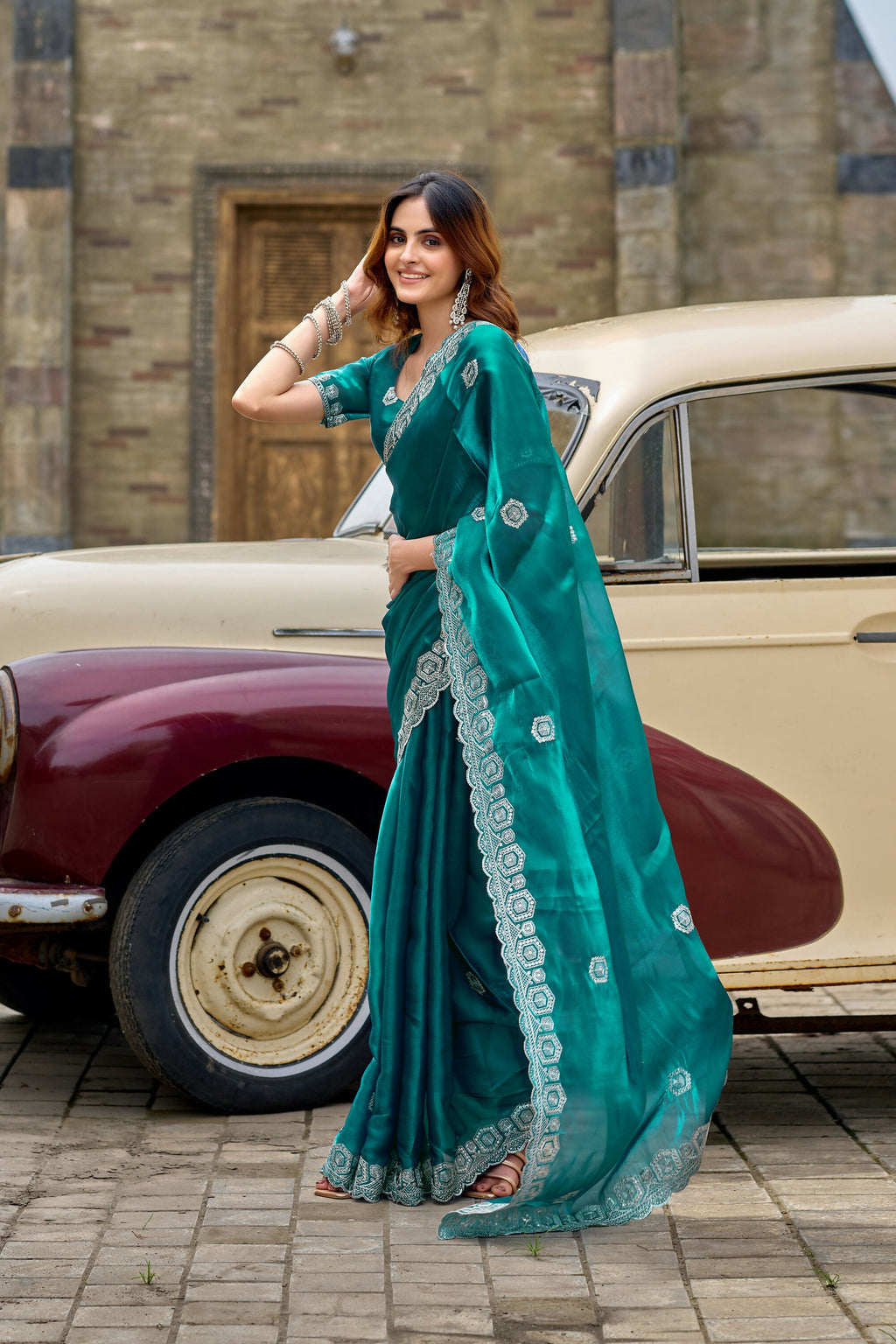 Vastranavya Rama Embroidery Work Shimmer Chiffon Saree with Unstitched Blouse - Distacart