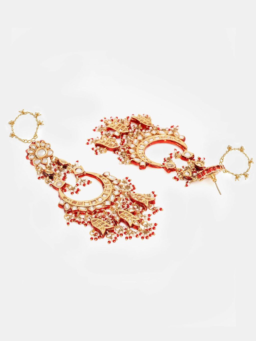 Ruby Raang 22k Gold Polished Kundan Chand Earrings With Ear Chains - Distacart