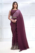 Wine Crepe satin silk Texture with Cord & Sequence Embroidered and Stone work Saree - Mohmanthan Majestica