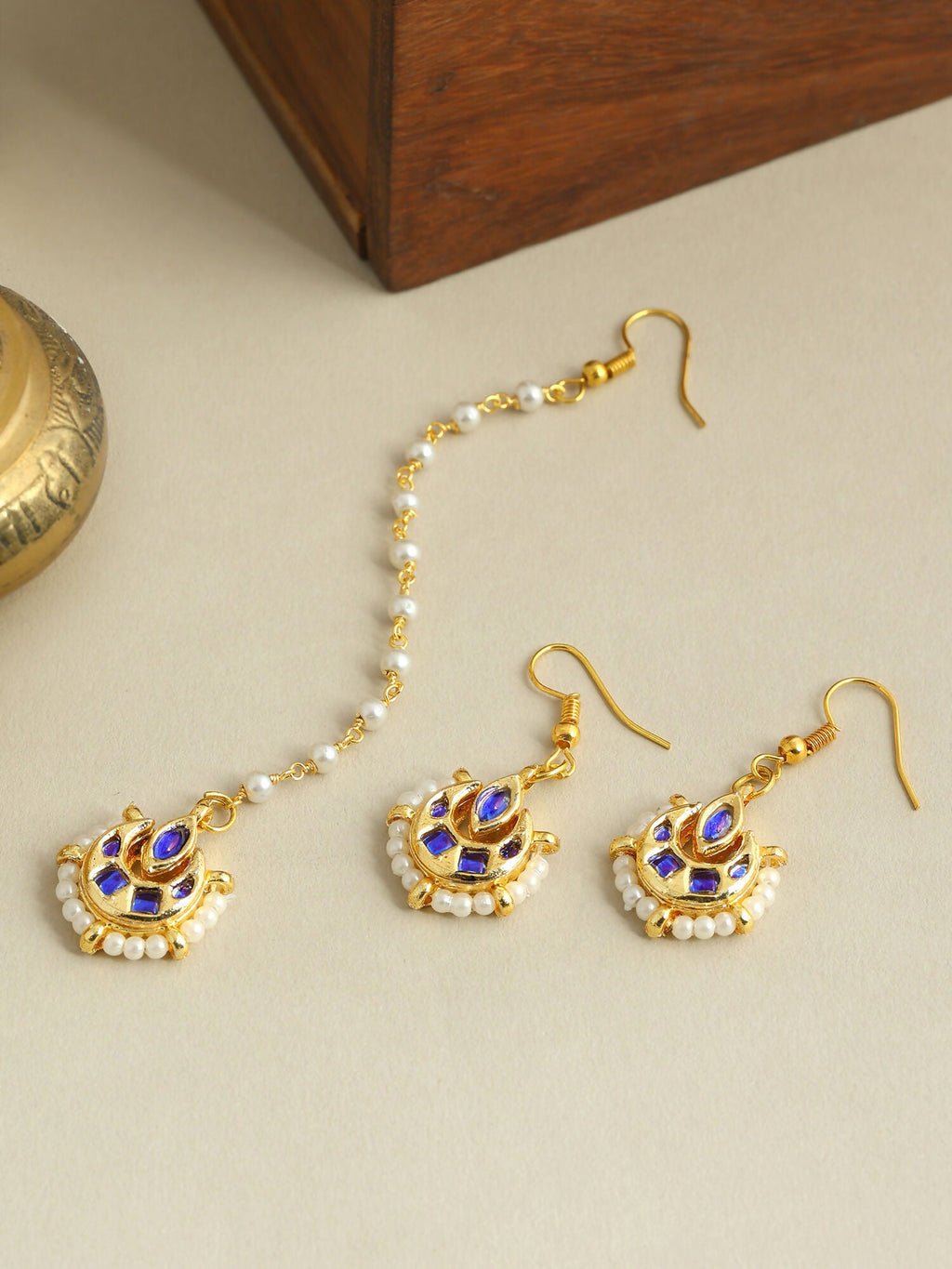 Ruby Raang Finest Gold Kundan Earrings With A Maang Tikka - Distacart