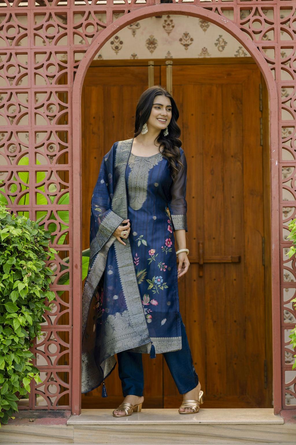 The52 Women's Beautiful Printed Work Jacquard Organza Fabric Straight Kurta Pant and Dupatta Set - Distacart