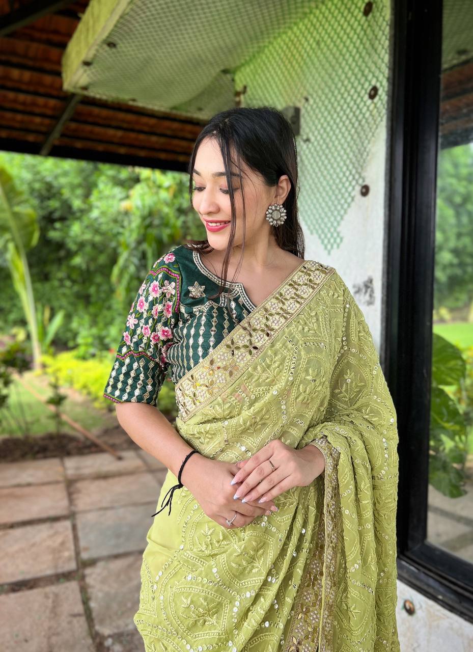 Teeya Creation Olive Color Georgette Embroidery Work Saree