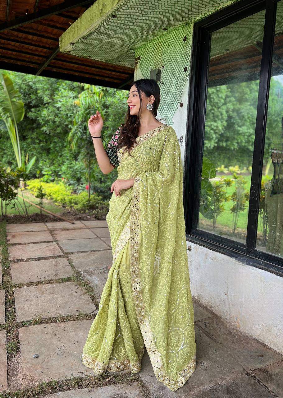 Teeya Creation Olive Color Georgette Embroidery Work Saree