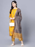 Myshka Women Mustard Yellow Ethnic Motifs Embroidered Panelled Kurti with Trousers With Dupatta - Distacart