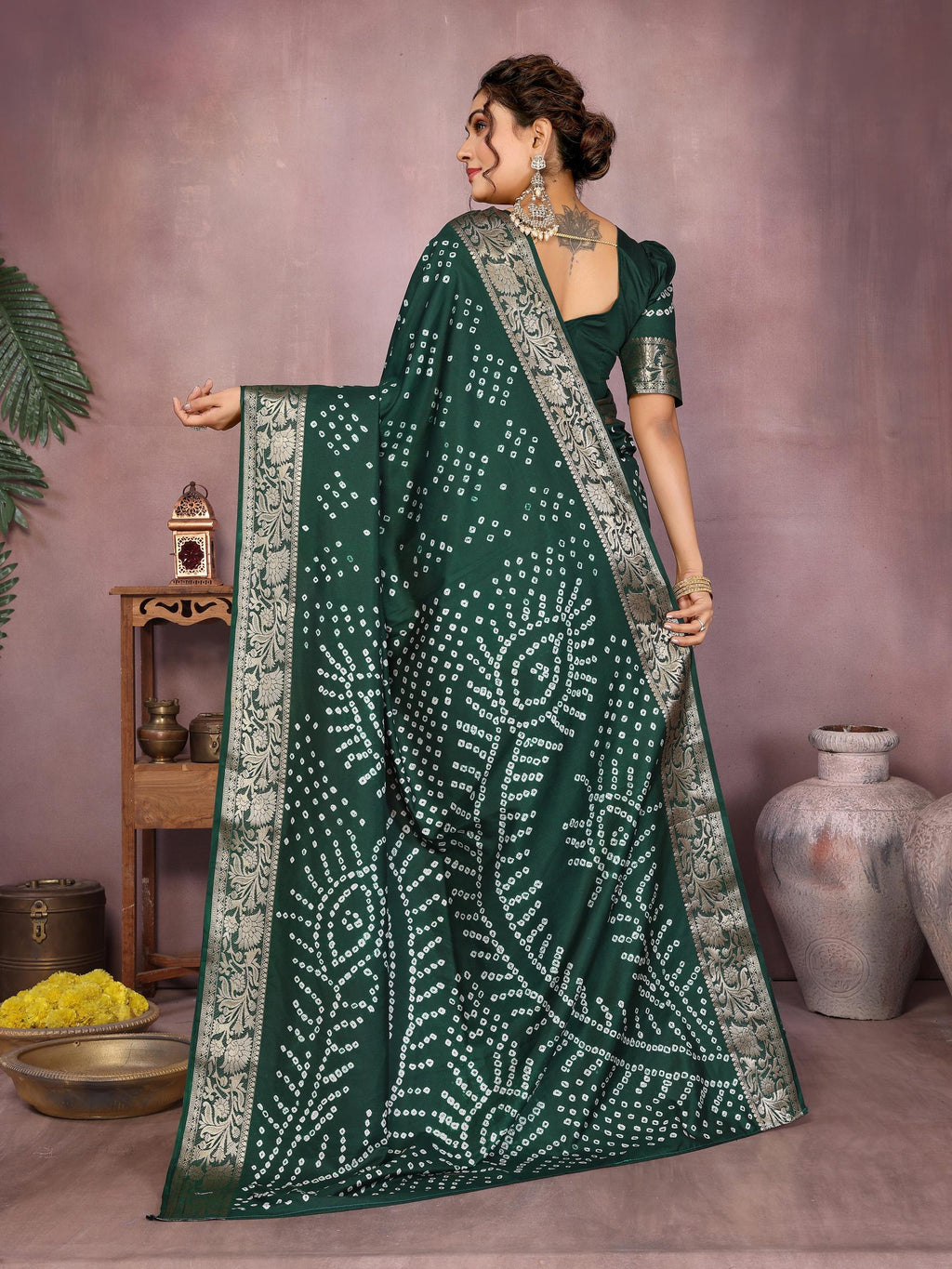 Anaita Dark Green Pure Bandhej Silk Saree With Zari Weaving Work - Distacart
