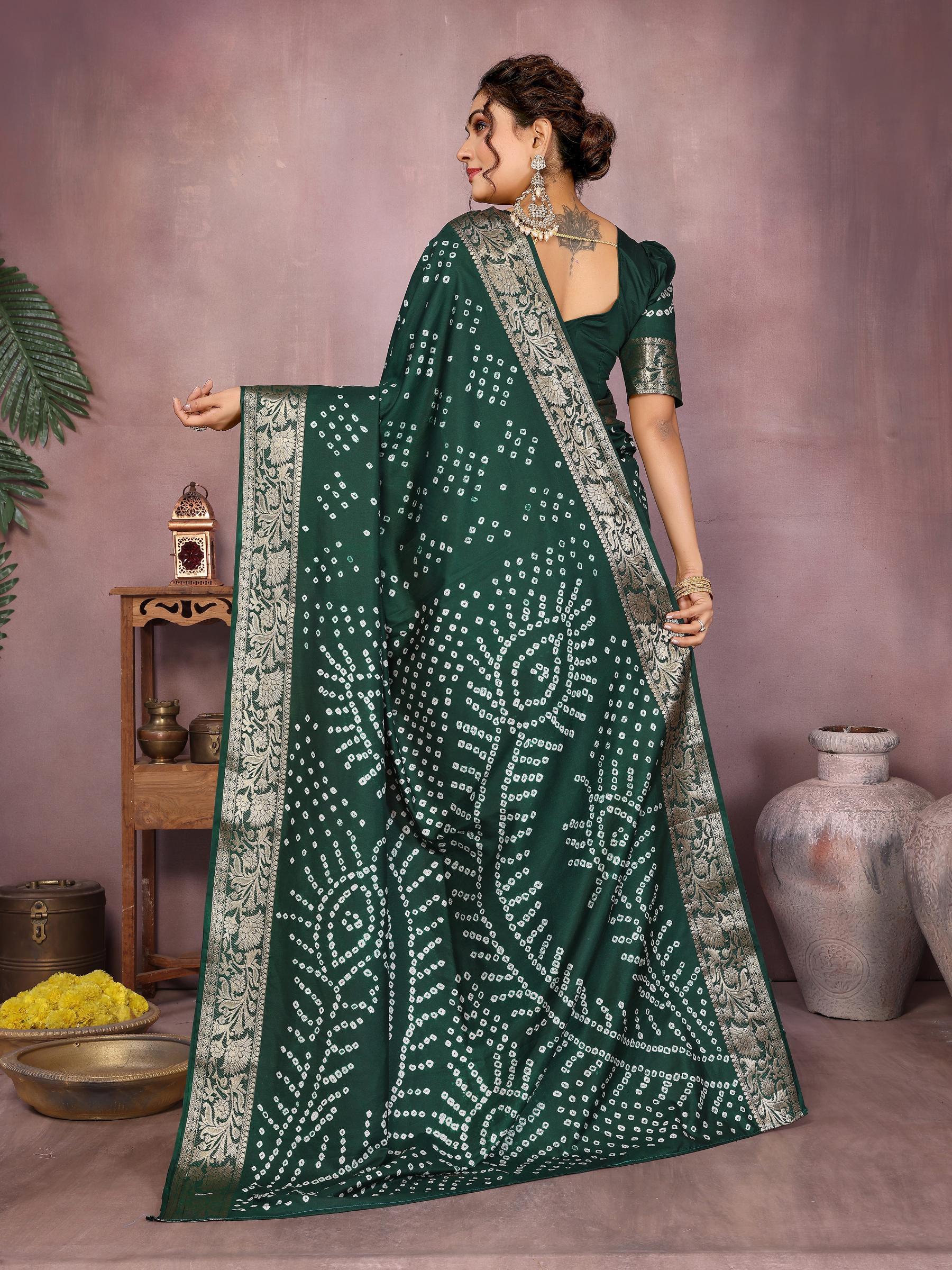 Anaita Dark Green Pure Bandhej Silk Saree With Zari Weaving Work - Distacart
