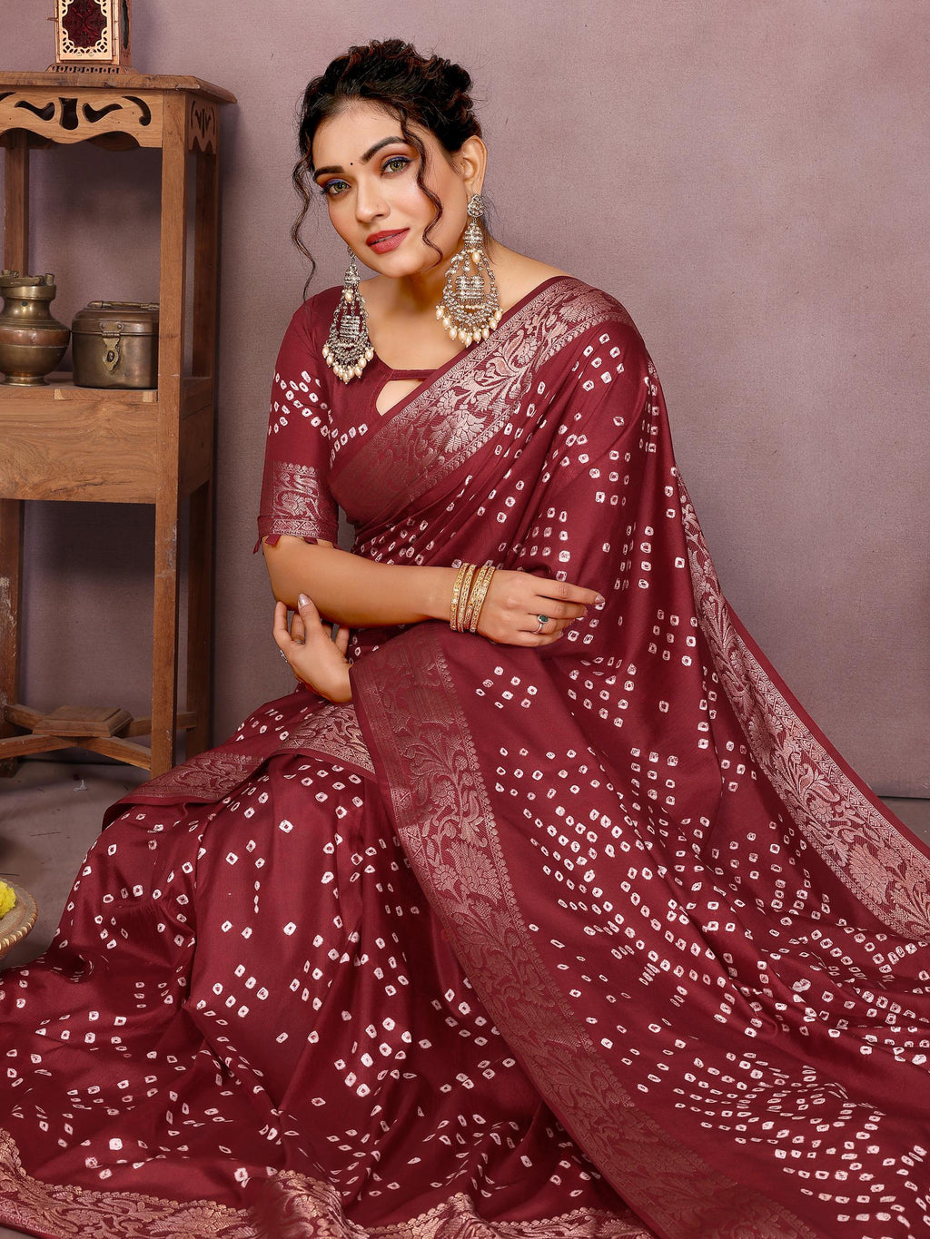 Anaita Maroon Pure Bandhej Silk Saree With Zari Weaving Work - Distacart