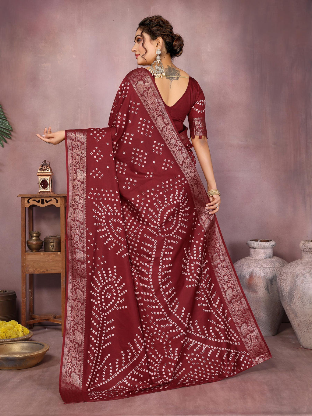 Anaita Maroon Pure Bandhej Silk Saree With Zari Weaving Work - Distacart