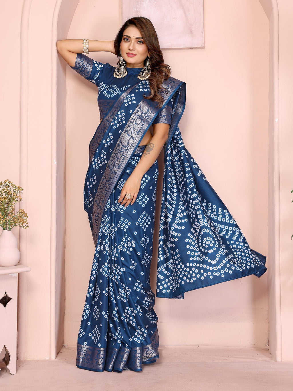 Anaita Navy Pure Bandhej Silk Saree With Zari Weaving Work - Distacart