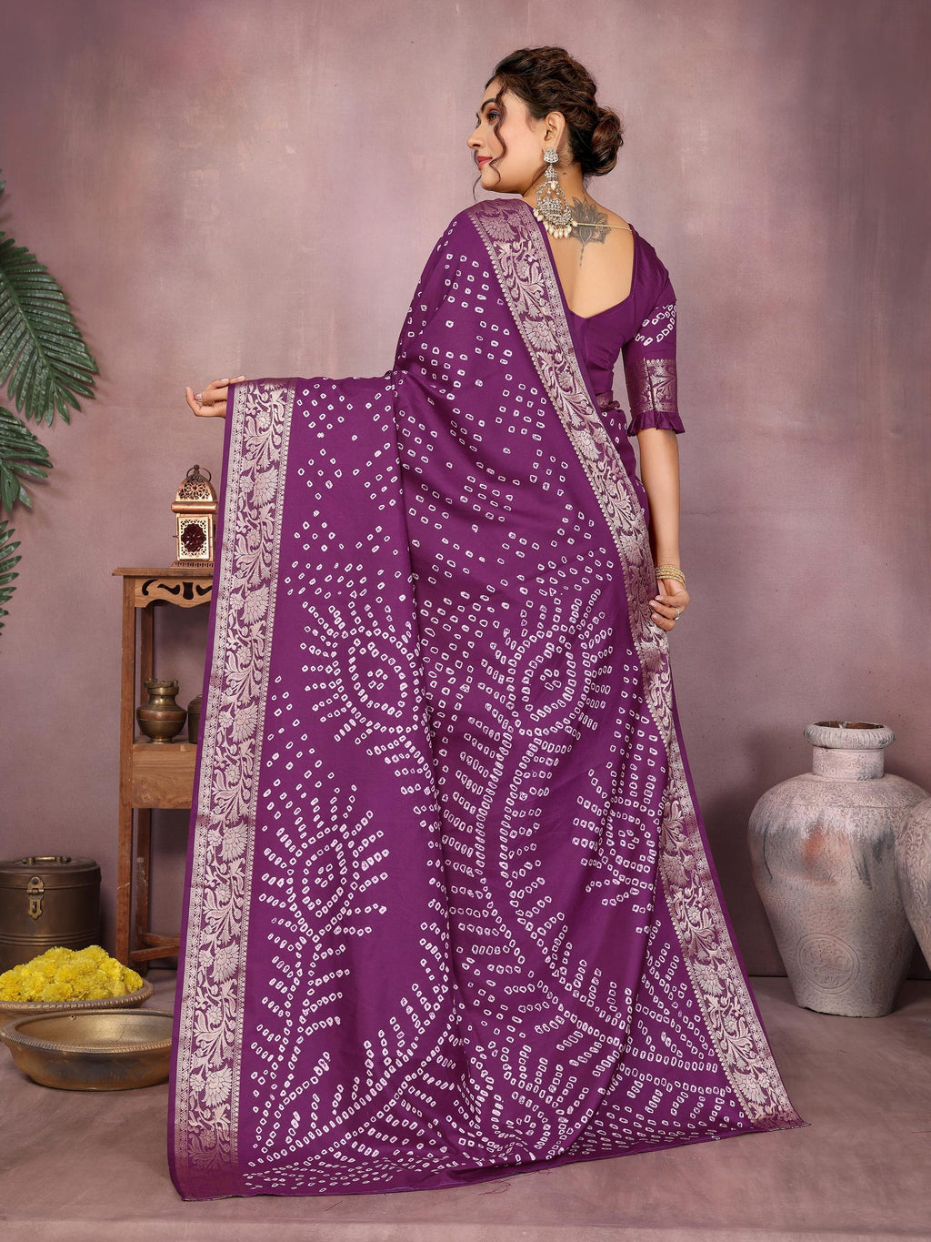 Anaita Purple Pure Bandhej Silk Saree With Zari Weaving Work - Distacart