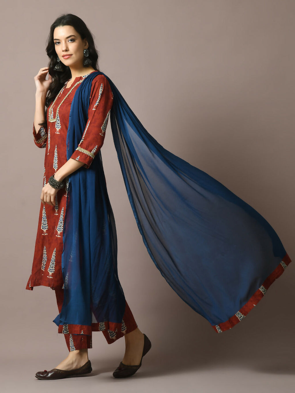 Myshka Women's Rust Printed Cotton Straight Party Kurta Set With Dupatta