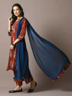 Myshka Women's Rust Printed Cotton Straight Party Kurta Set With Dupatta