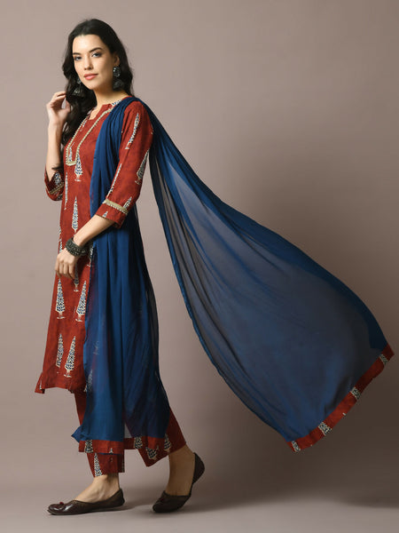 Myshka Women's Rust Printed Cotton Straight Party Kurta Set With Dupatta