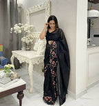 Black Shimmer Silk Multi Thread Sequence Embroidery Work Saree - Kashta