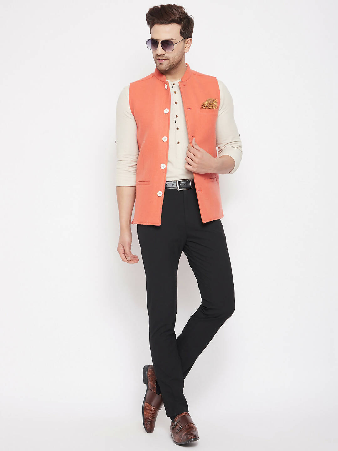 Even Apparels Orange Wool Men Woven Nehru Jacket - Distacart