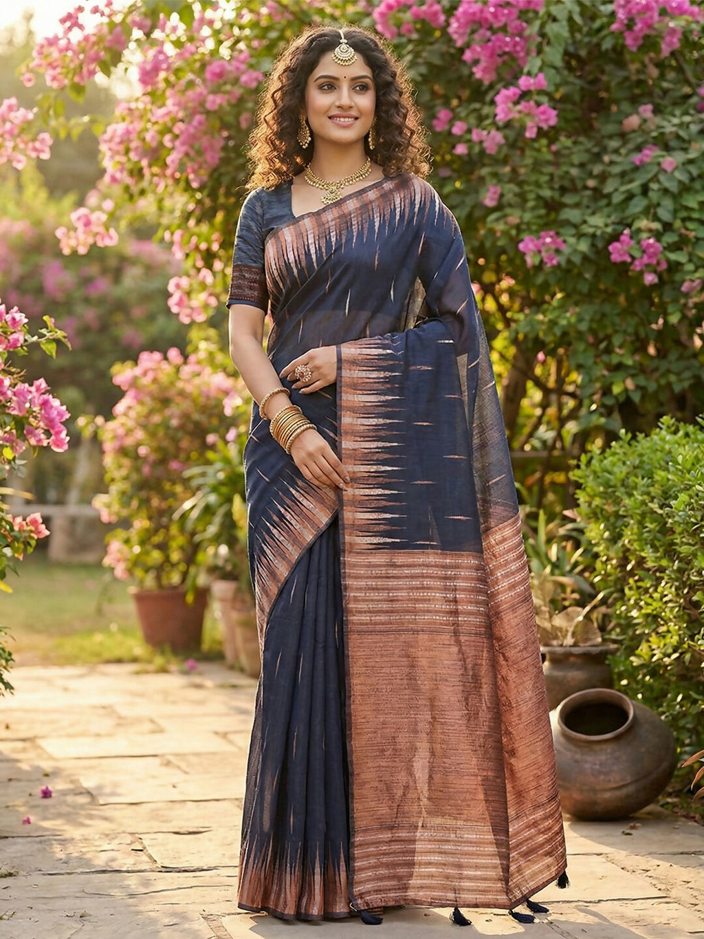 Shree Shyam Fashion Navy Blue Linen Cotton Saree - Distacart