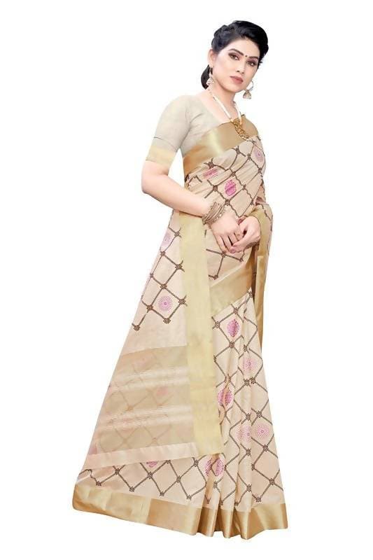 Vamika Weaving Cream Cotton Polyester Silk Saree (KERALA CHECKS)