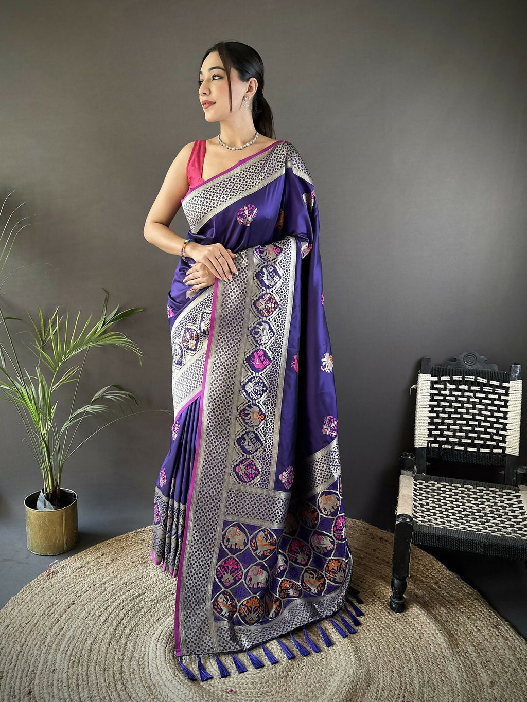 Joban Fashion Royal Blue Elephant & Floral Motifs Soft Lichi Silk Banarasi Saree - Distacart