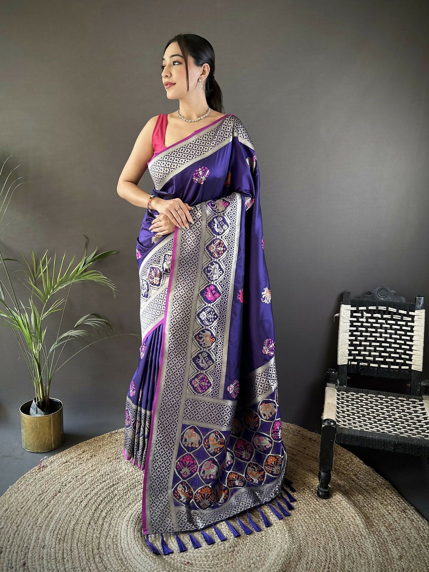 Joban Fashion Royal Blue Elephant & Floral Motifs Soft Lichi Silk Banarasi Saree - Distacart