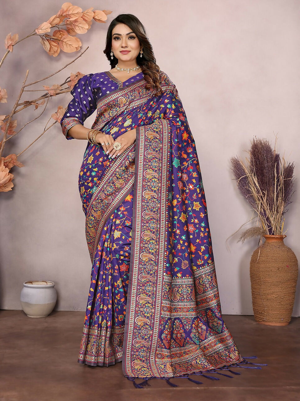 Joban Fashion Purple Meena Weaves Pashmina Sarees