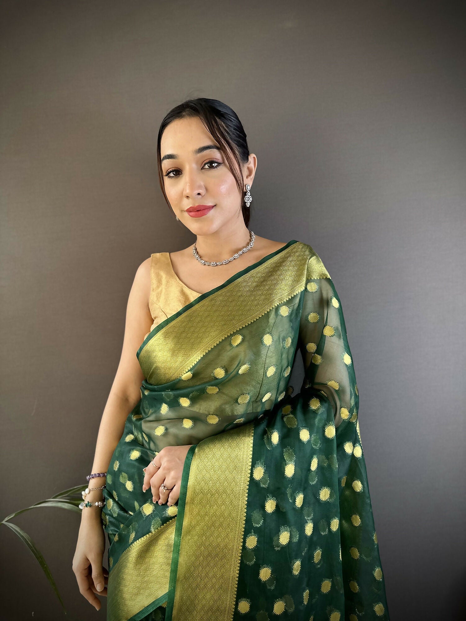 Joban Fashion Green Polka-Dot Zari Woven Organza Silk Banarasi Silk Saree - Distacart