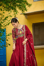 Joban Fashion Maroon Silk Sequence Embroidery Work Kurta Set - Distacart