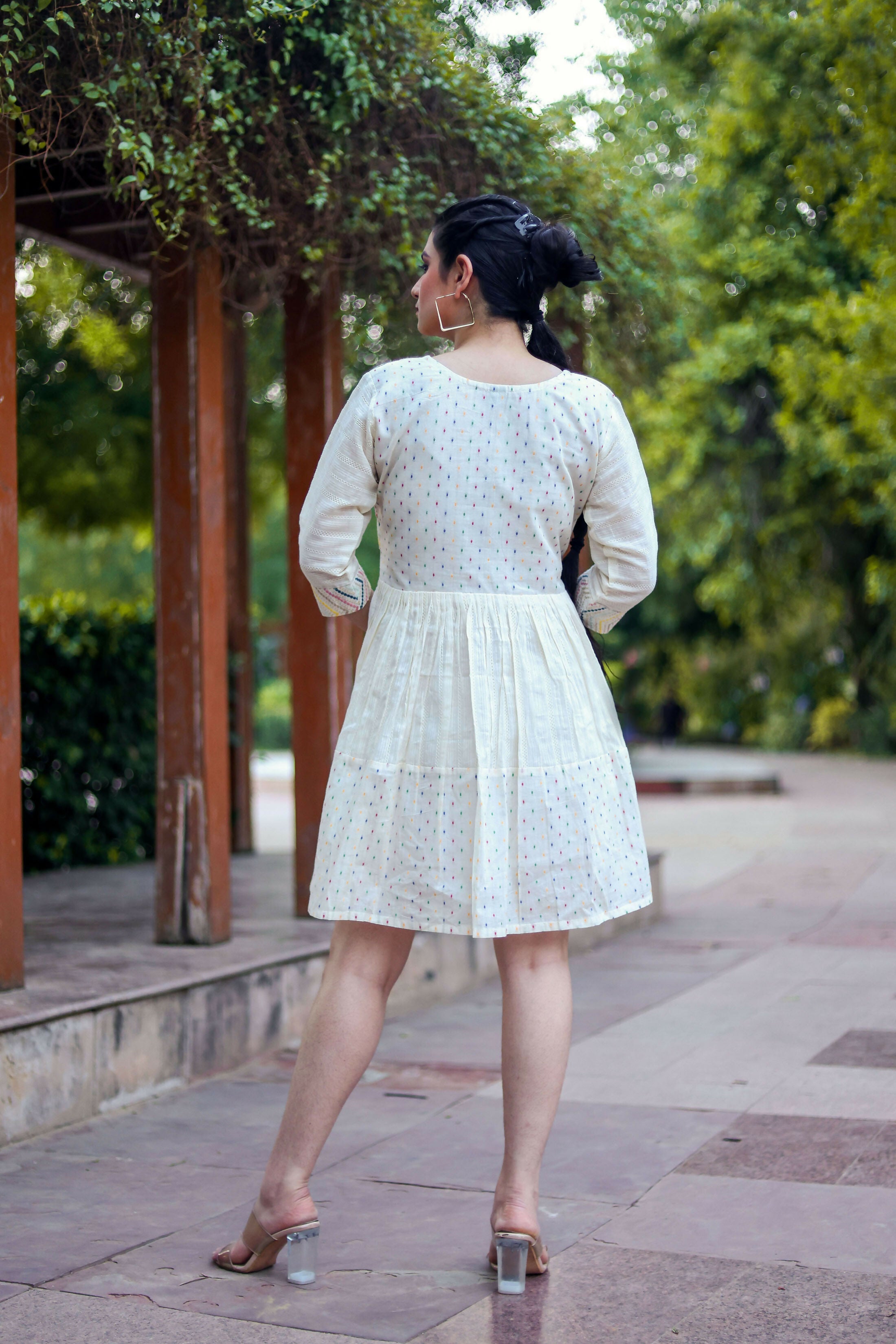 Aayaa Designer Multi Thread Hand Work Khadi Cotton One Piece Dress - Off White