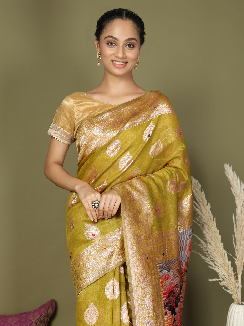 Shree Shyam Fashion Linen Cotton Mhendi Green Saree - Distacart