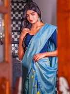 Zibaa Hand-Dyed Mul Cotton Teal Blue Saree with Tassels - Distacart