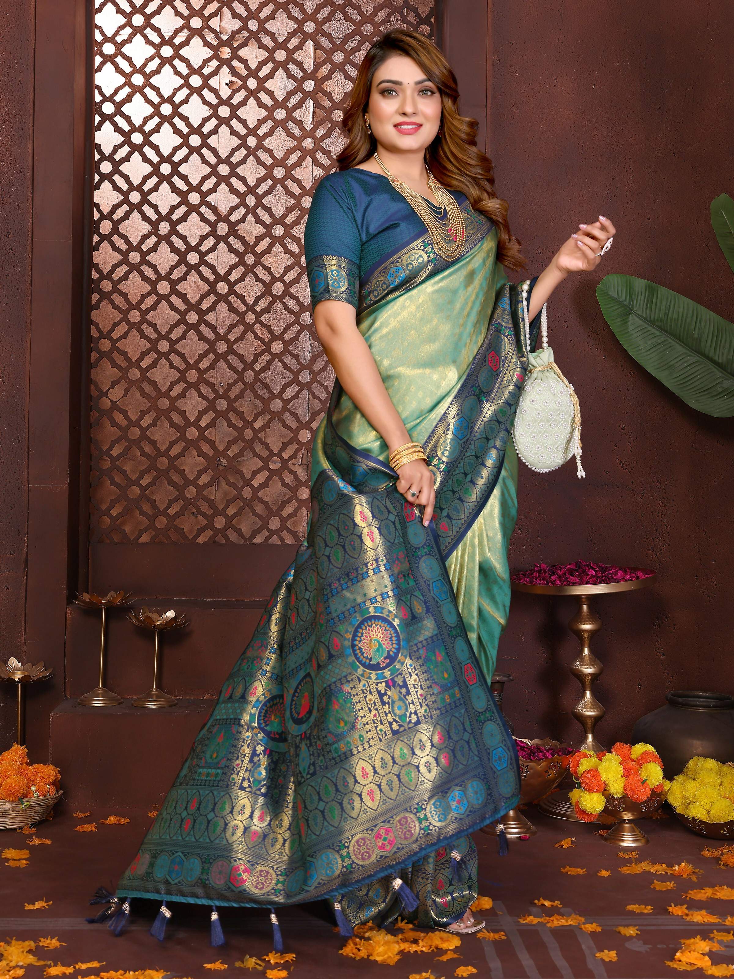 Aastha Fashion Sea Green Tissue Silk Weaving Saree - Distacart