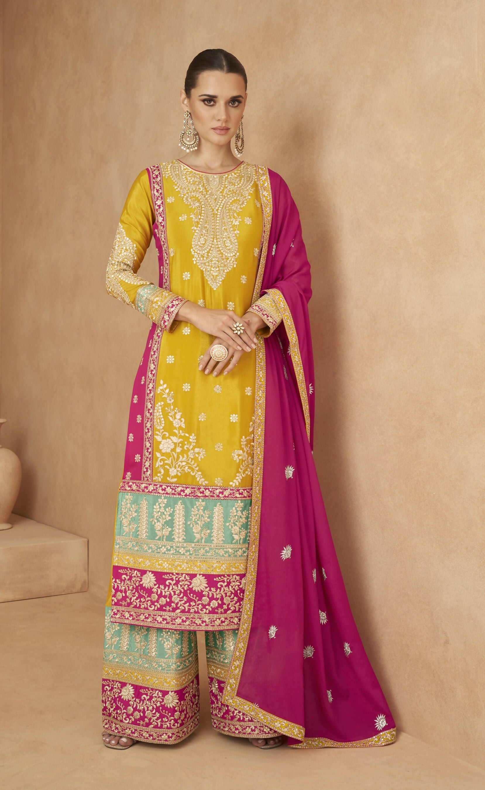 Anaita Yellow Chiffon Suit with Embroidery Coding Sequence Work - Distacart