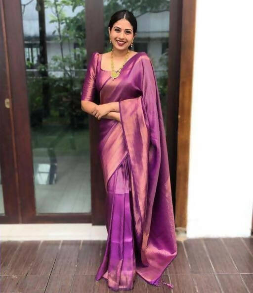 DEIANA'S Beautiful Designer Golden zari Soft Lichi Silk Saree - Majanta