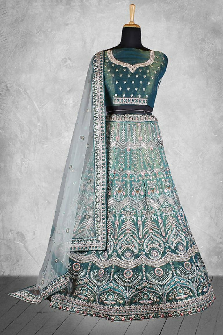 Teal Velvet Hand work Semi Stitched Lehenga Choli with Dupatta - Nimaya Lagnotsav