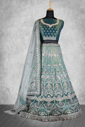 Teal Velvet Hand work Semi Stitched Lehenga Choli with Dupatta - Nimaya Lagnotsav