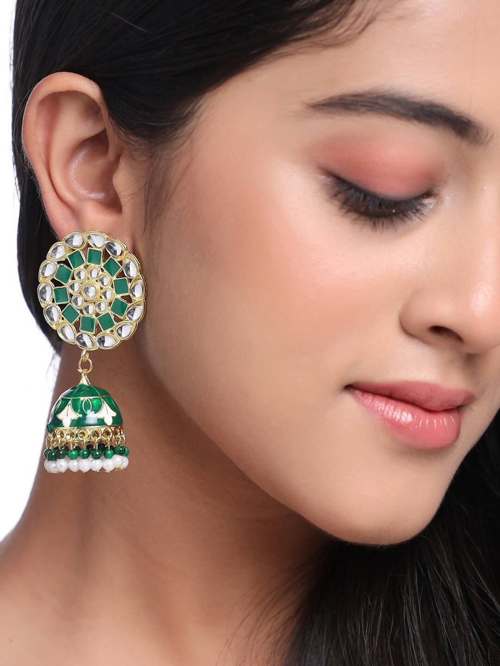 NVR Women Gold Plated Green Dome Shaped Meenkari Jhumkas Earrings - Distacart