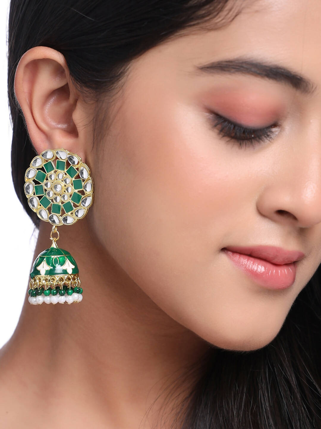 NVR Women Gold Plated Green Dome Shaped Meenkari Jhumkas Earrings - Distacart