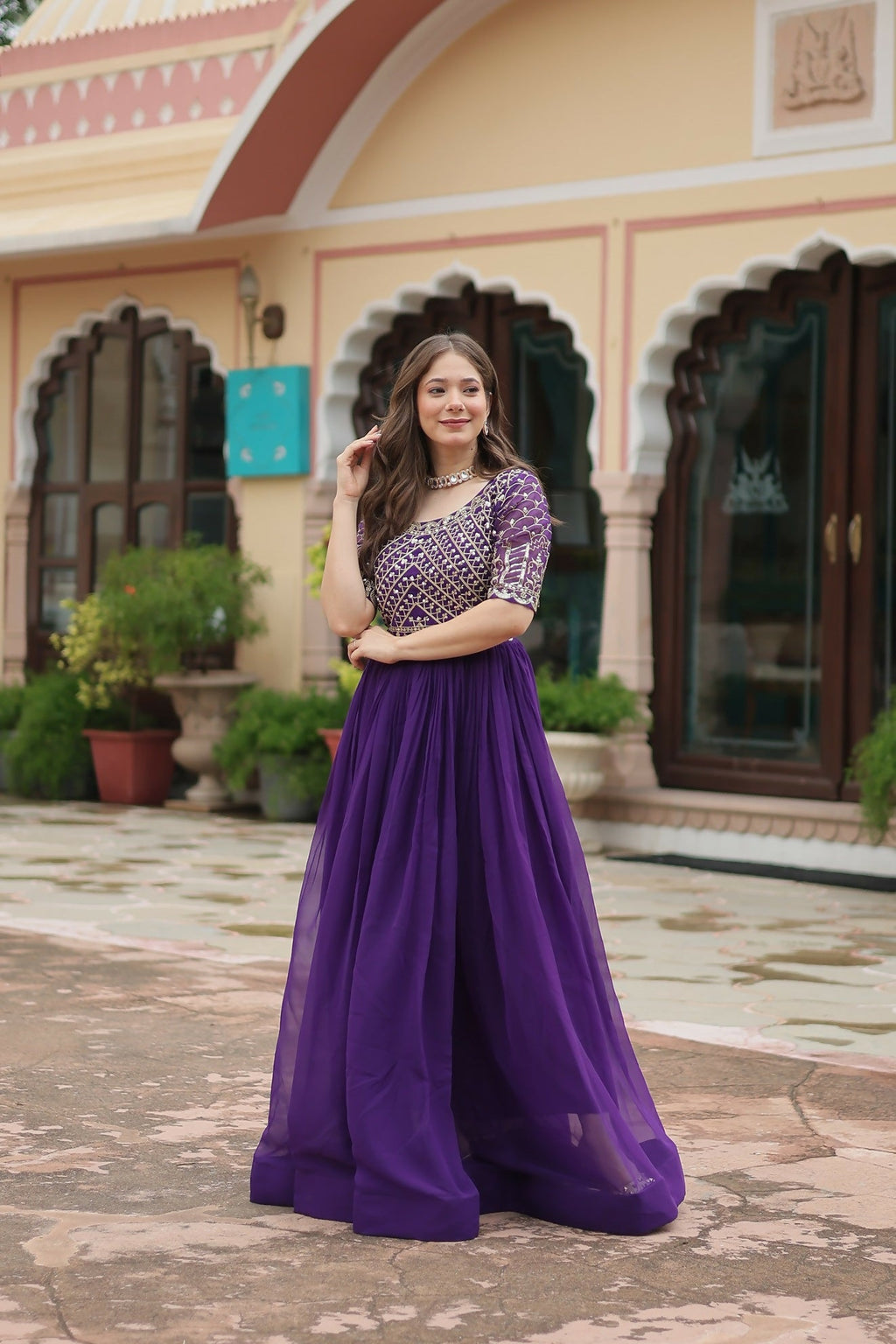 Joban Fashion Purple Georgette Sequence Embroidery Work Gown - Distacart
