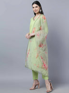 Myshka Women Green Regular Pure Cotton Kurta with Trousers With Dupatta Set - Distacart