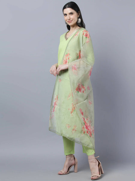 Myshka Women Green Regular Pure Cotton Kurta with Trousers With Dupatta Set