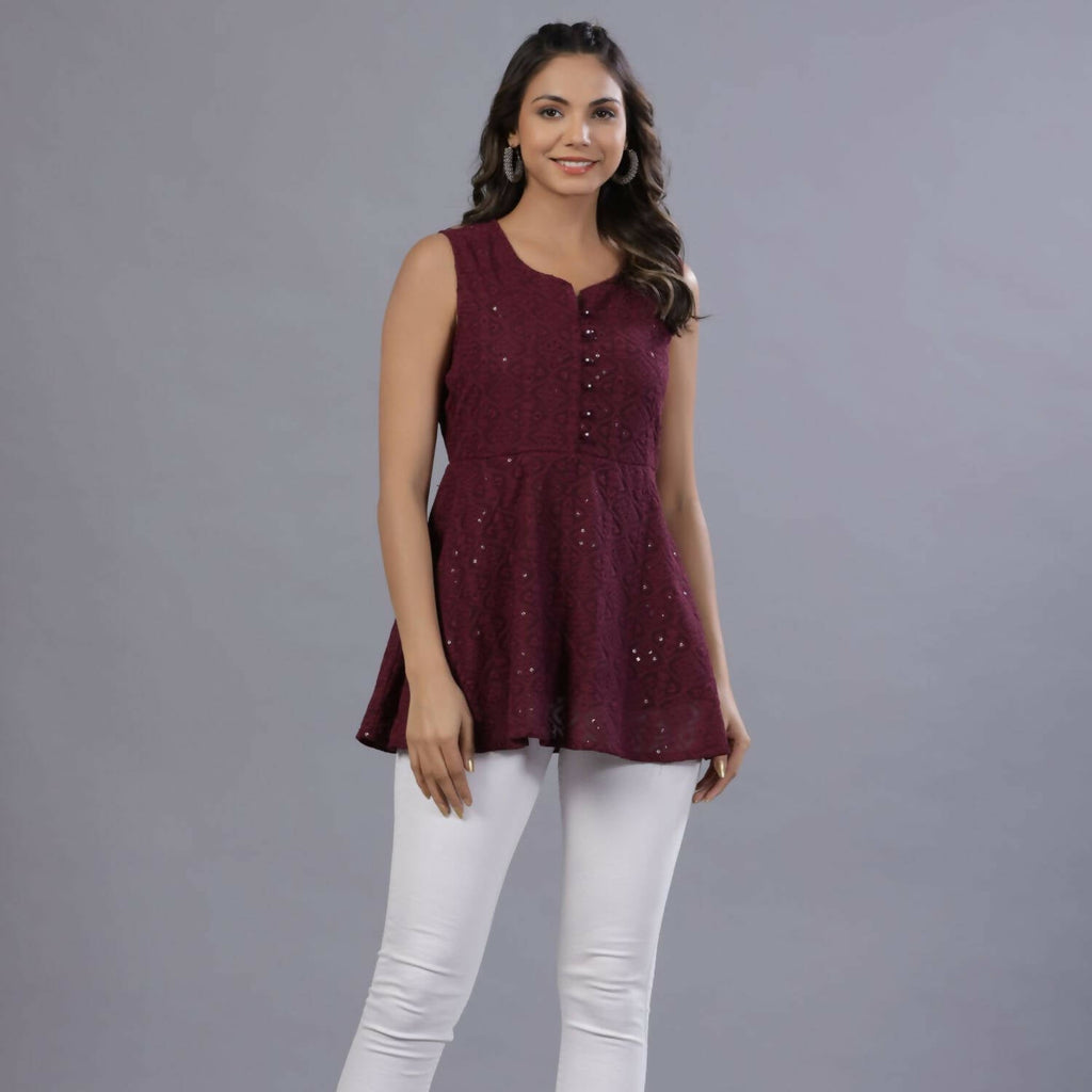 Juniper Women Wine Georgette Embroidered Peplum Tunic
