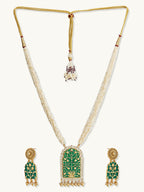 Nuyug 22K Gold-Plated Pearl Beaded Strings Green Enamel Pendant with Floral Motifs Necklace Set