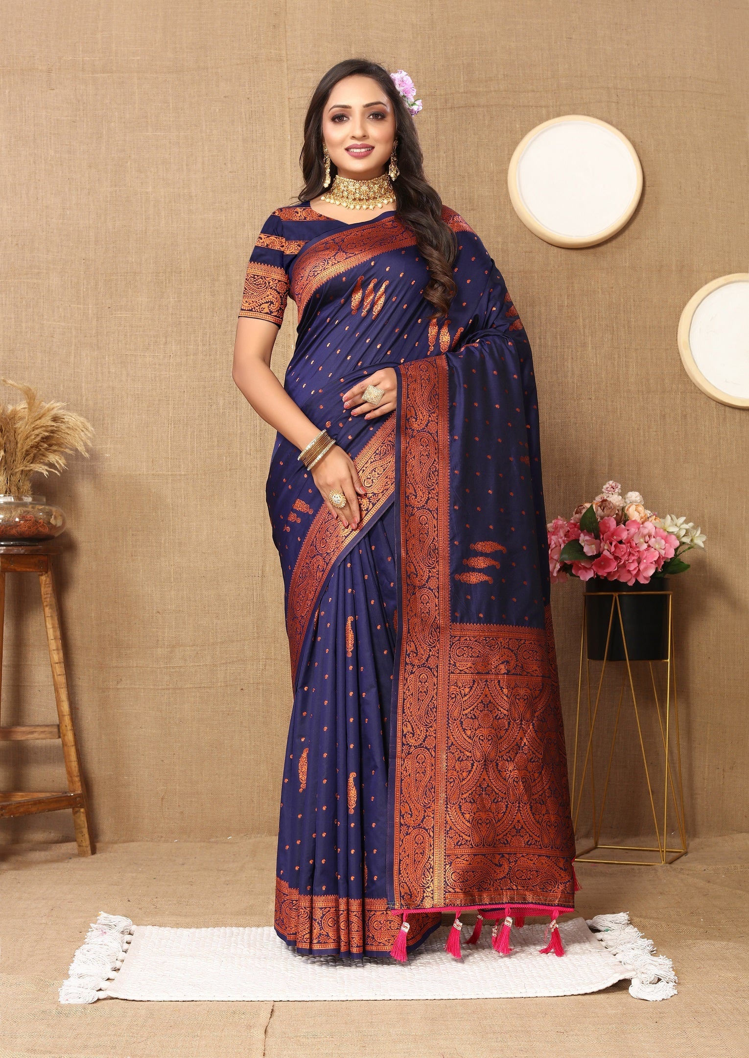 Vedant Vastram Navy Blue Color Banarasi Silk Saree - Navy Blue