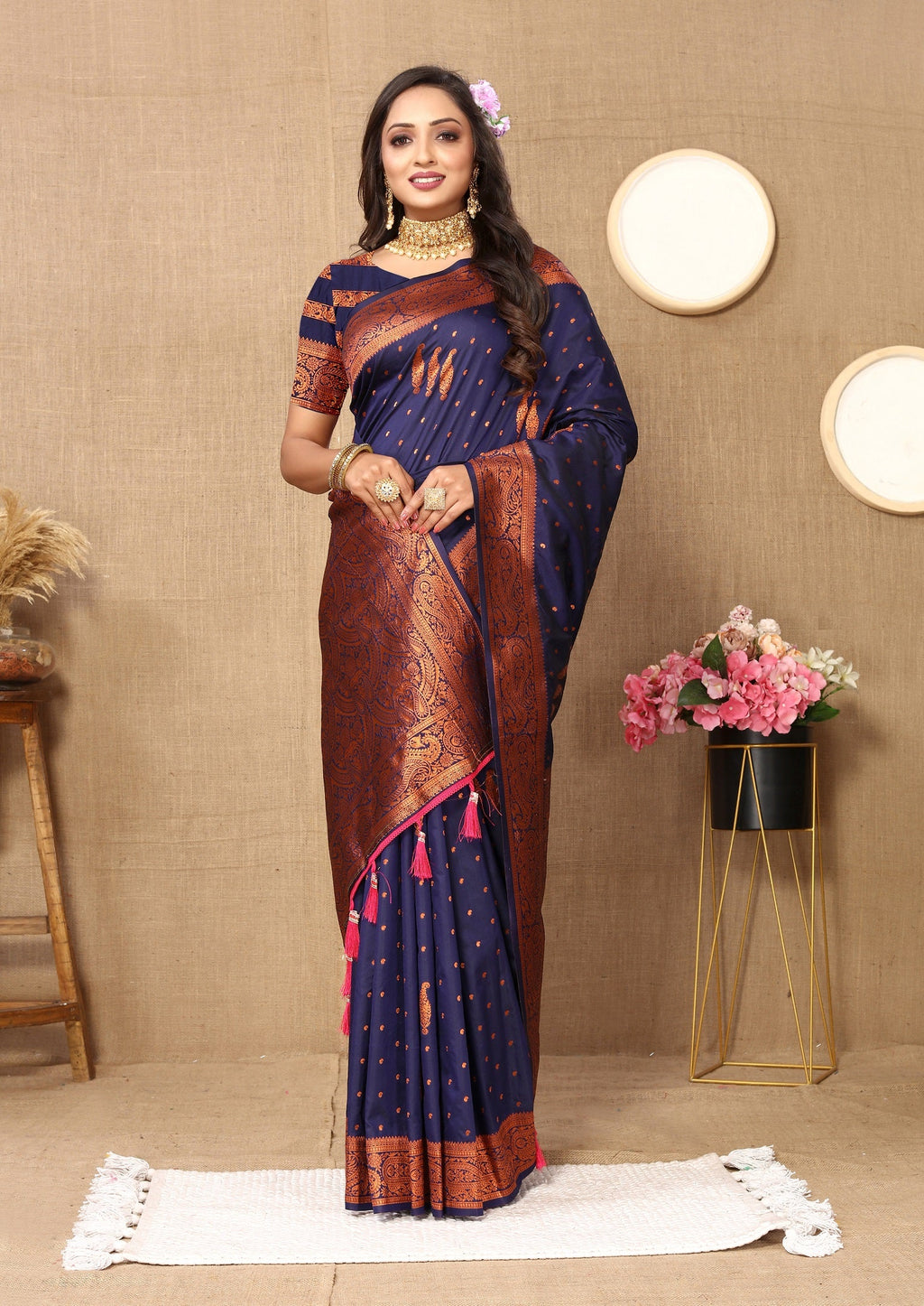 Vedant Vastram Navy Blue Color Banarasi Silk Saree - Navy Blue