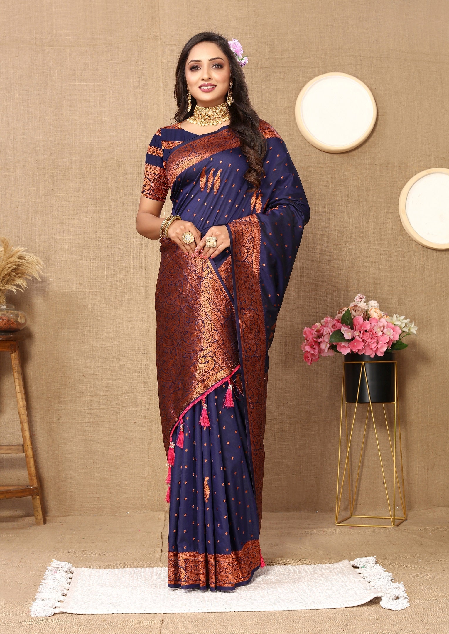 Vedant Vastram Navy Blue Color Banarasi Silk Saree - Navy Blue