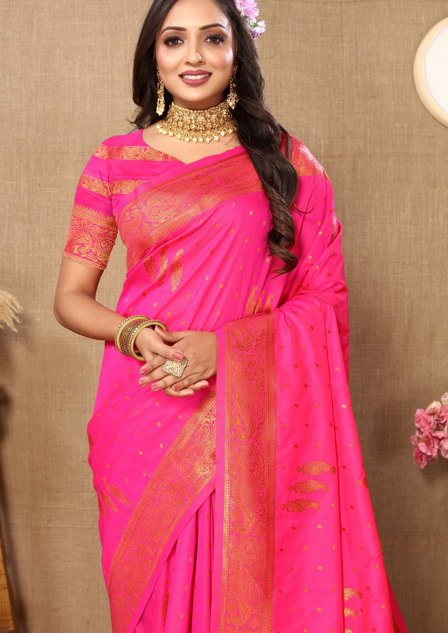 Vedant Vastram Pink Color Banarasi Silk Saree - Pink
