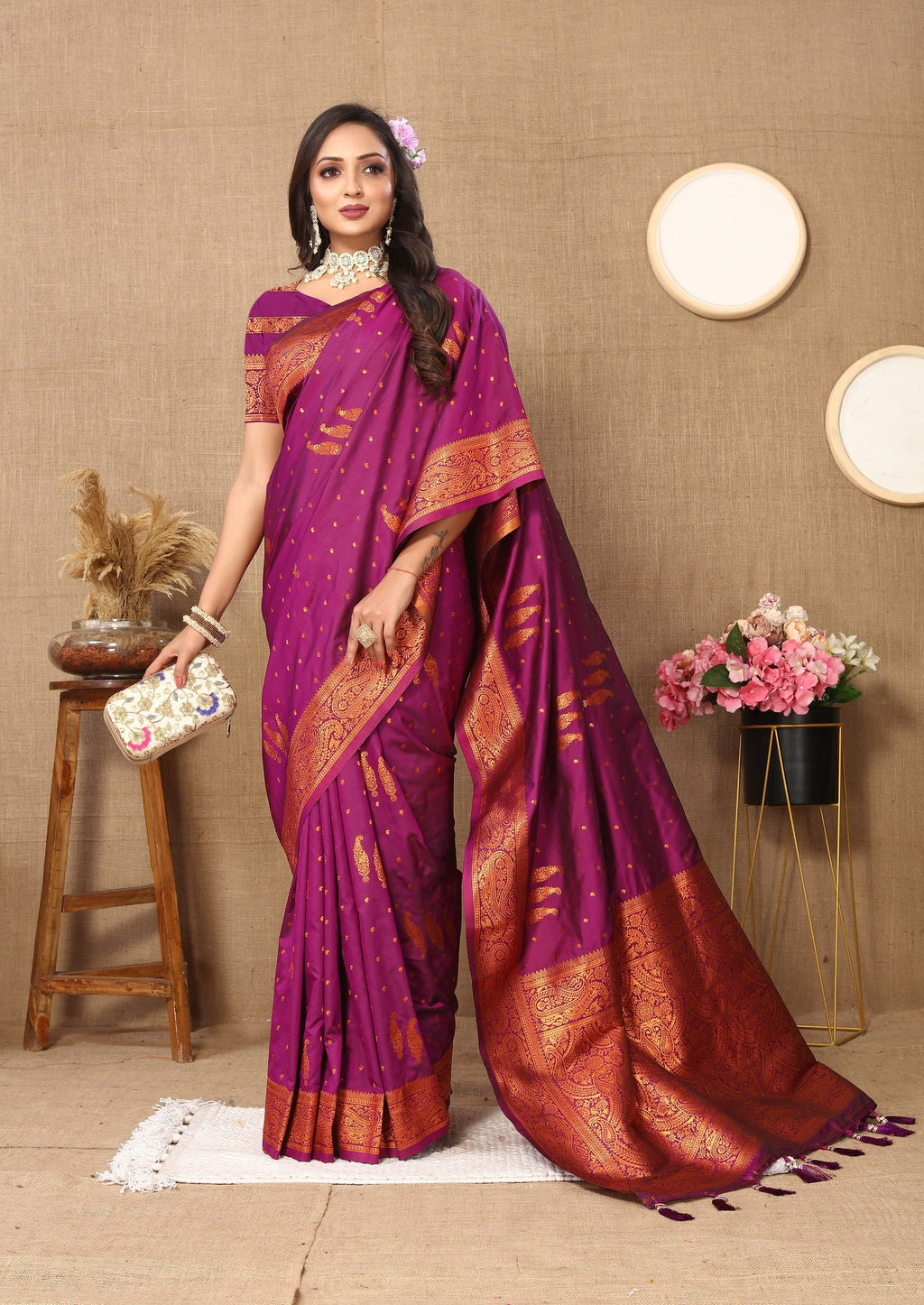 Vedant Vastram Wine Color Banarasi Silk Saree - Wine