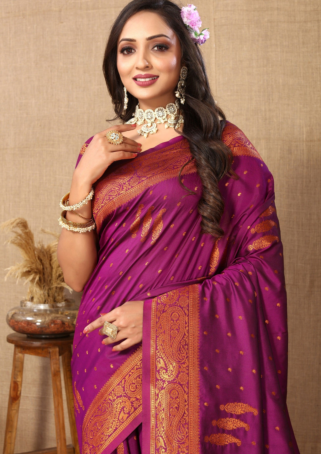 Vedant Vastram Wine Color Banarasi Silk Saree - Wine